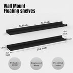 35.4 Inches Long Floating Shelves Wall Mounted, 2 Set Modern Black Wall Shelf for Bedroom, Nursery Book Shelf with Lip, Picture Ledge Shelf for Decor Living Room Bathroom Kitchen- Black