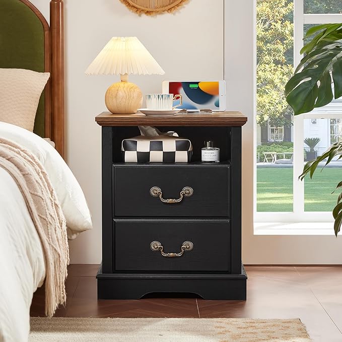 2PCS Farmhouse Nightstands with Charging Station，18" End Table with 2 Drawers，Farmhouse Nightstand with Vintage Handles, Bedside Cabinet for Bedroom for Bedroom, Living Room,Black