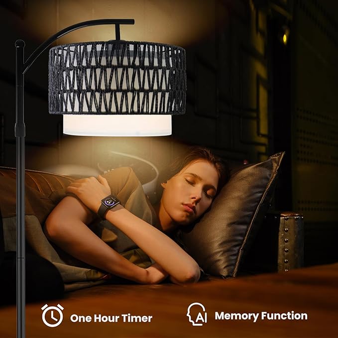 Arc Floor Lamp for Living Room,Farmhouse Floor Lamps with Remote Control & Dimmable Bulb,Black Rattan Boho Tall Standing Lamp for Bedroom Office