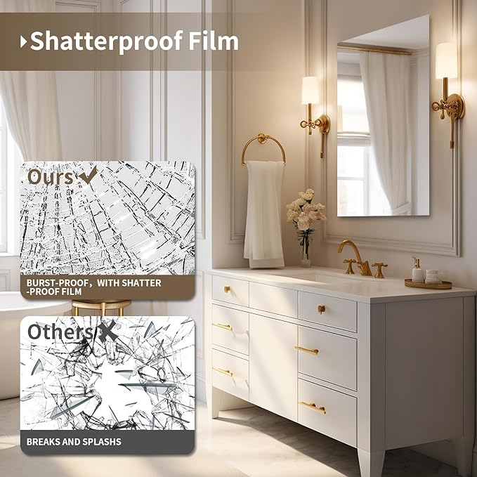 Mirrorons Bathroom Vanity Mirror 28" x 36", Frameless Mirror with Polished Edge, Hangs Horizontally or Vertically. Upgraded Shatterproof Bathroom Mirror for Wall.