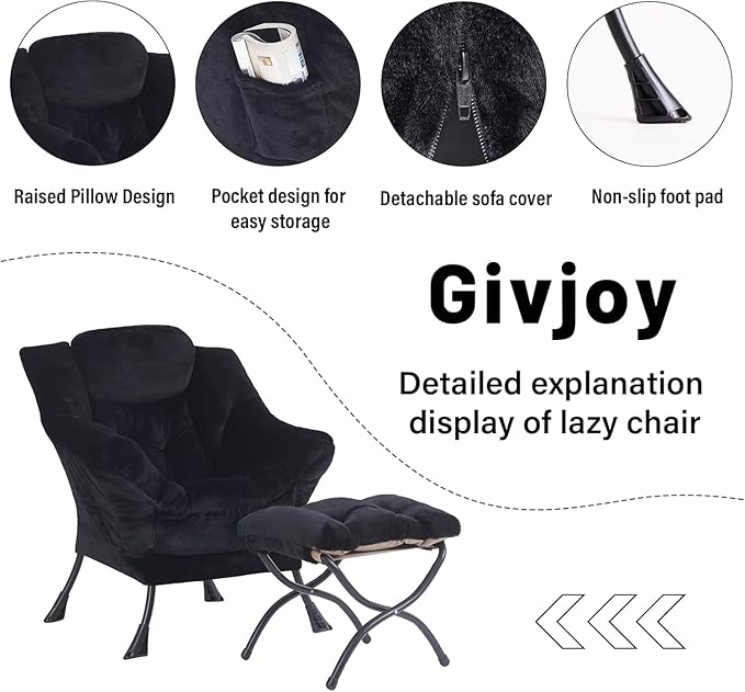 Plush Lazy Chair and Ottoman, Large Contemporary Accent Lounge Chair with Armrests and a Side Pocket, Modern Leisure Upholstered Sofa Reading Armchair with Footrest for Bedroom, Living Room