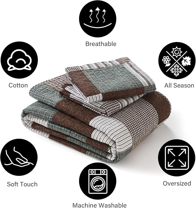 PANGUSHAN 100% Cotton Quilt Set Queen Size, Patchwork Plaid Queen Quilt Bedding Set Bedspreads, Farmhouse Lightweight Comforter Reversible Quilt, Brown/Green Bed Spread for Queen Bed, 3 Pieces