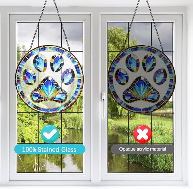 Paw Print Suncatcher Stained Glass Window Hanging - 8” Paw Print Stained Glass Suncatchers for Windows - Sun Catchers Indoor Window Catcher with Hooks and Chain - Dog Memorial Gifts for Mom Grandma