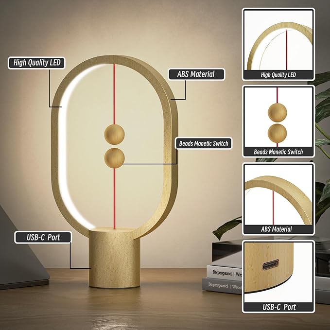 Bedroom Lamps - Mini Balance Lamp, Bedside Lamp, Nightstand Lamp, 3 Level Brightness Plug in Night Light for Home, Office, College Dorm (Wood Color)