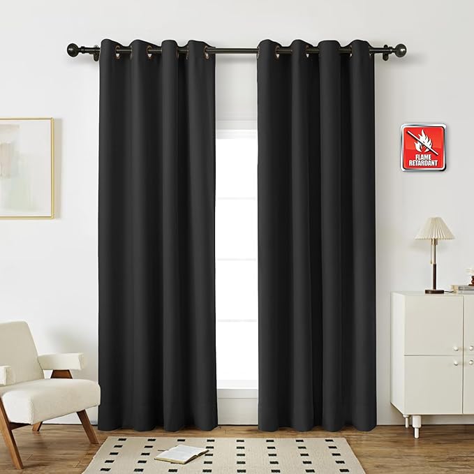 Fcosie Room Darkening Fireproof Curtains - Extra Wide Flame Retardant Drapes - Antique Bronze Grommet Top - 80% Blackout Fire Protection Drapery - Privacy Add Draperies, 2 PCS, 120" Wx96 L, Black
