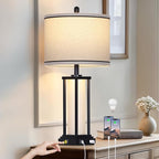 27in Tall Farmhouse Table Lamp with USB C+A & Outlet,Black Industrial End Table Lamp for Living Room,Vintage Rustic Bedside Lamp with Night Light for Bedroom Nightstand,Single Black