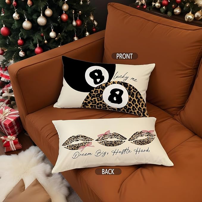 Coquette Pink Bow Leopard Print Lips Lucky 8 Ball Throw Pillow Covers 20x12, Cheetah Print Room Decor, Funky Y2K Leopard Decorative Pillow Covers for Girls Room Dorm Apartment Home