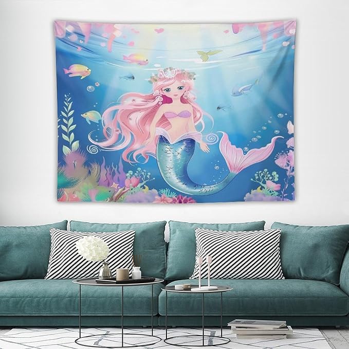 HZOHNAGO Mermaid Girls Tapestry Watercolor Mermaid Princess Pattern Printed Wall Tapestry Wall Hanging for Bedroom Living Room Dorm 80" W x 60" H