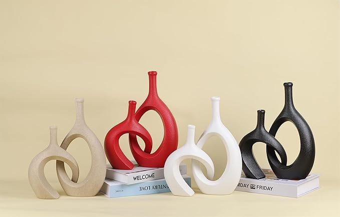 WUBIANJIE Red Ceramic Vase Set - Modern Boho Decor, Snuggle Design, Vases for Living Room, Bedroom, Coffee Table, Fireplace