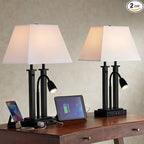 Possini Euro Design Deacon 26" High Industrial Modern Desk Lamps Set of 2 USB Port AC Power Outlet Gooseneck Black Metal Oatmeal Shade Home Office Living Room Charging Bedroom Bedside Nightstand