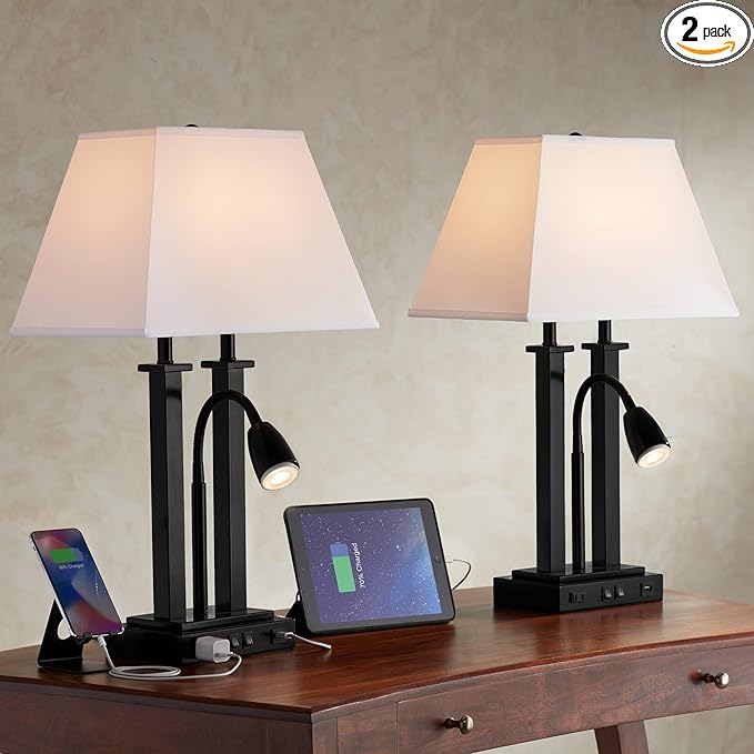 Possini Euro Design Deacon 26" High Industrial Modern Desk Lamps Set of 2 USB Port AC Power Outlet Gooseneck Black Metal Oatmeal Shade Home Office Living Room Charging Bedroom Bedside Nightstand