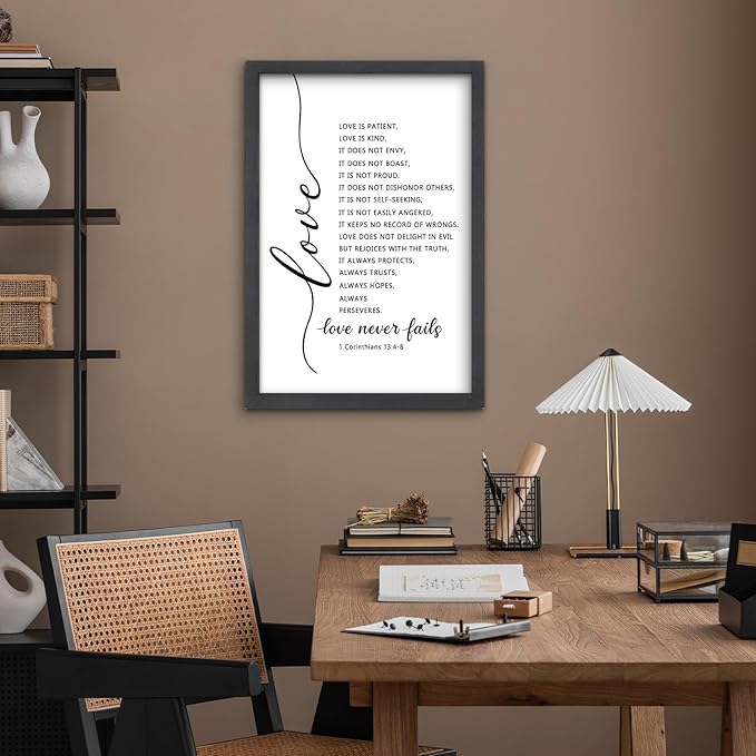 FZMHASLWW Love Is Patient Kind Wall Decor 24"×16" Love Never Fails 1 Corinthians 13 Bible Verse Sign Large Wood Framed Wall Hanging Art (Black)