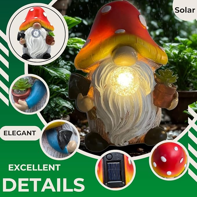 Solar Mushroom Gnomes Garden Statues Outdoor Decor with Night Glow,Cute Fairy Garden Statues for Yard,Pathway,Lawn Art Ornamen,Spring,Easter,Birthday Christmas Women Mom Gift Idea (Red)