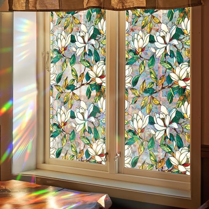 Window Film, Stained Glass Window Privacy Film, Rainbow White Flowers Double Sided Non-Adhesive Window Cling Stickers for Home Office Living Room Glass Windows Door Decor 16.93 x 39.37 Inch