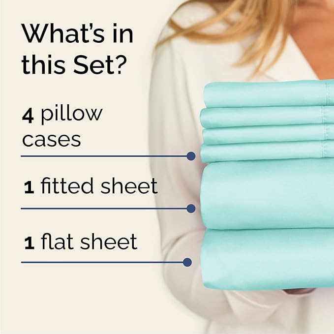 Cal King Sheets Set 6 Piece - Includes 4 Pillowcases - Bed Sheets Cal King Size - Soft Hotel Luxury Bedding - Cooling, Comfy & Breathable - 1 Flat & 1 Fitted & 4 Pillowcases w/ Deep Pockets - Spa Blue