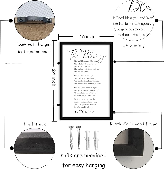 flowtorely The Blessing Bible Verse Wall Decor 24"×16" May The Lord Bless You And Keep You Sign Christian Scripture Large Wooden Framed Wall Hanging Art (Black)