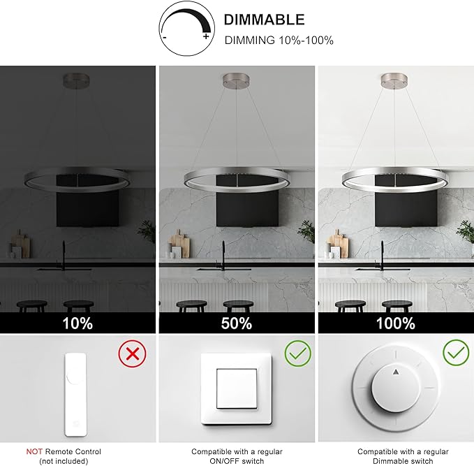 Modern Led Pendant Light,1 Ring Modern Circular Chandelier Dimmable Hanging Pendant Lighting for Living Room Dining Room Kitchen Island Foyer Office, 3000-6000K Brush Nickel