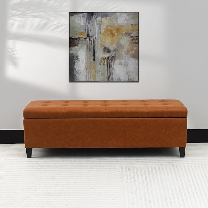 Joveco 51 Inch Storage Ottoman Bench,Tufted Leather Storage Bench for Bedroom (51”,Dark Orange)