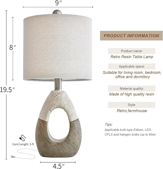 OYEARS 19” Boho Table Lamps Bedroom Living Room Set 2,Suitable for Small Space,Small Farmhouse RattanTable Lamp Rustic Egg Design Resin Light Decoration,Nightstand Bedside Lamps for Office Study Rest