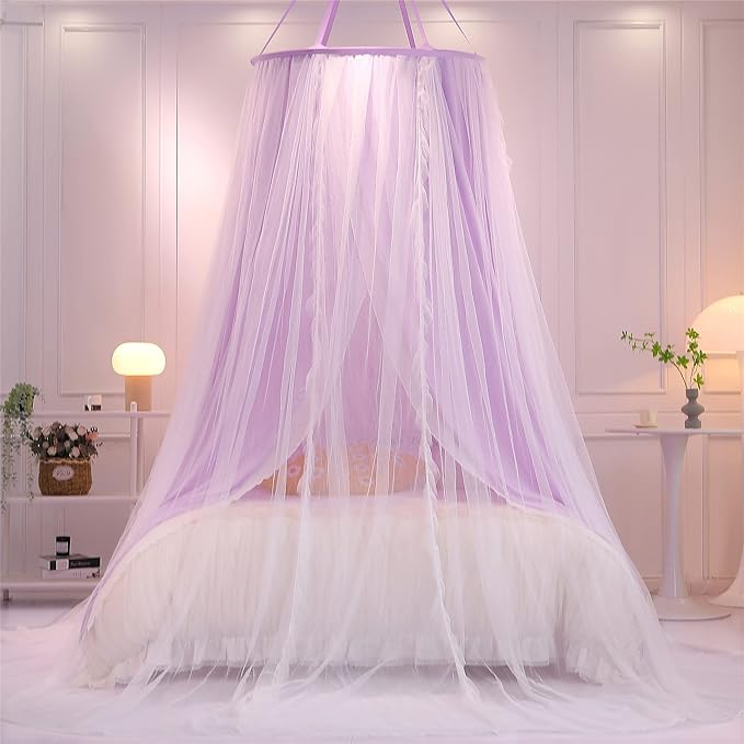 VETHIN Double Layer Princess Round Dome Canopy Bed Curtain for Girls Adults,Children Dreamy Mosquito Net,Cute Bedroom Decoration Castle Play Tent Reading Nook Canopies(Dome-Purple/White)