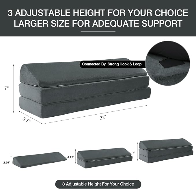 BALAPET 3-in-1 Adjustable Height Wedge Pillow, 7" Height Leg Knee Pillow for Side Sleepers & Aligns Spine, Supportive Bolster Pillow for Pregnancy Relieves Pressure Hip Leg Elevation, 22", Dark Grey