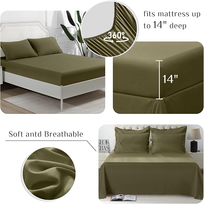 JOLLYVOGUE King Comforter Set, Ultra-Soft Bed in a Bag King Size 7 Pieces, Oeko-TEX Certified Bedding Set with Down Alternative Comforter, Sheets, Pillowcases & Shams, Olive Green