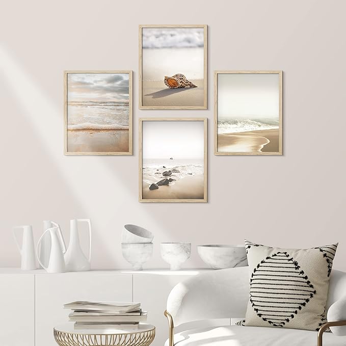 SIGNWIN Framed White Minimal Beach Shore Ocean Sea Seashell Wall Art, Set of 4 Landscape Colorful Wall Decor Prints, Nature Wilderness Wall Décor for Living Room, Bedroom - 11"x14" Natural