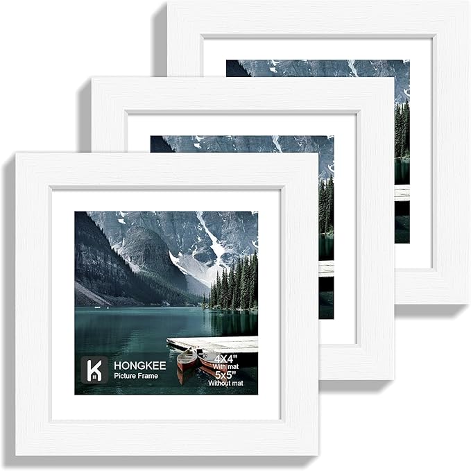 5x5 Picture Frame with Real Glass - Display Pictures 4x4 with Mat or 5 x 5 without Mat, Photo Frame for Wall or Table Top Display(White, 3 Pack)