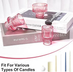 Candlestick Holders Set of 6, Ribbed Glass Taper Candle Holders, Reversible Pink Tealight & Candle Stick Candle Holder Vintage Crystal Tapered Candlestick for Wedding Dinner Party Festival