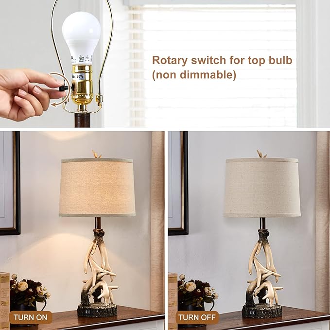 28" Farmhouse Table Lamp for Living Room, Western Rustic Lamp with USB Charging Ports Country Cabin Bedside Antler Lamps for Bedroom Foyer Office Vintage Rotary Control Single Brown- Bulb Not Included