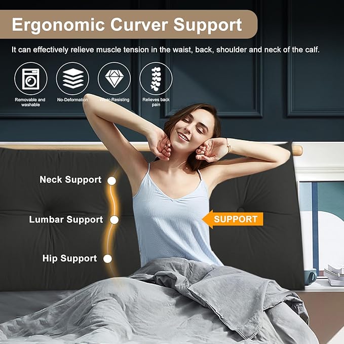 Large Triangular Headboard Pillows Long Backrest Positioning Support Bolster Cushion for Daybed Fluffy Quality Plush Body Wedge Pillow with Removable Cover(Black-Queen-59x8x20in)