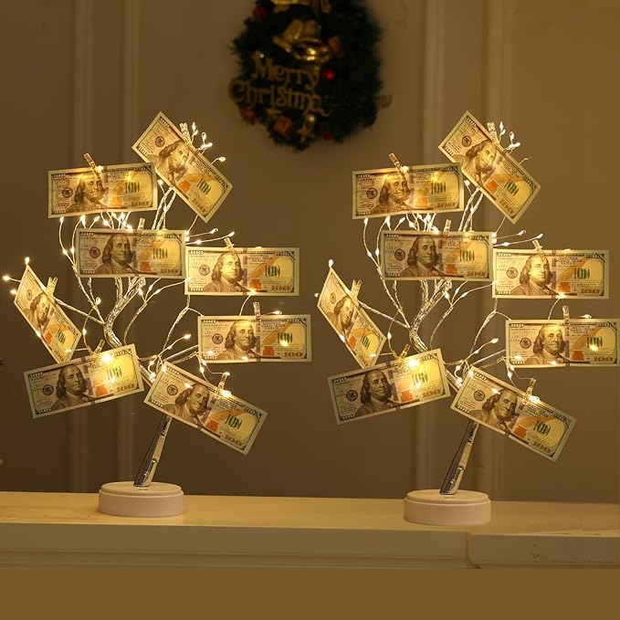 2 Pack Money Tree Gift Holder 108 LEDs Lighted Fairy Light Spirit Tree Graduation Decorations Battery/USB Powered Light Up Display Twig Gift Card Tree with 22 Clear Clips for Card Photo Memo