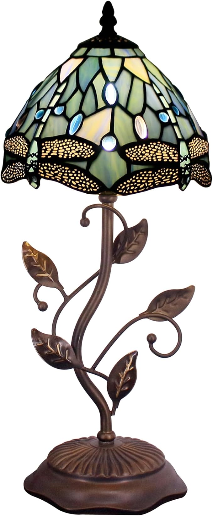 Small Tiffany Lamp Stained Glass Table Lamp Metal Leaf Accent Desk Memory Lamp Sympathy 8X20 Inch (Sea Blue Dragonfly Style)