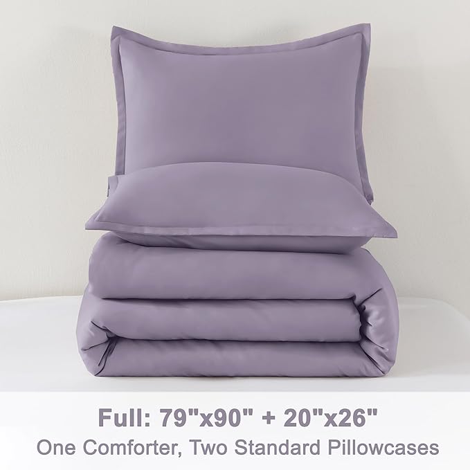 Litanika Grayish Lavender Purple Comforter Set Full Size, 3 Pieces Lightweight Solid Bedding Comforter Set, All Season Fluffy Bed Set (79x90In Comforter & 2 Pillowcases)
