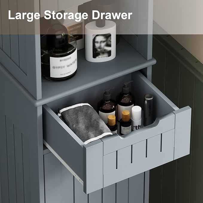 ChooChoo 67" Tall Bathroom Storage Cabinet Freestanding with Adjustable Shelves, Narrow Storage Linen Cabinet with 2 Doors and 1 Drawers for Bathroom, Living Room, Kitchen, Grey