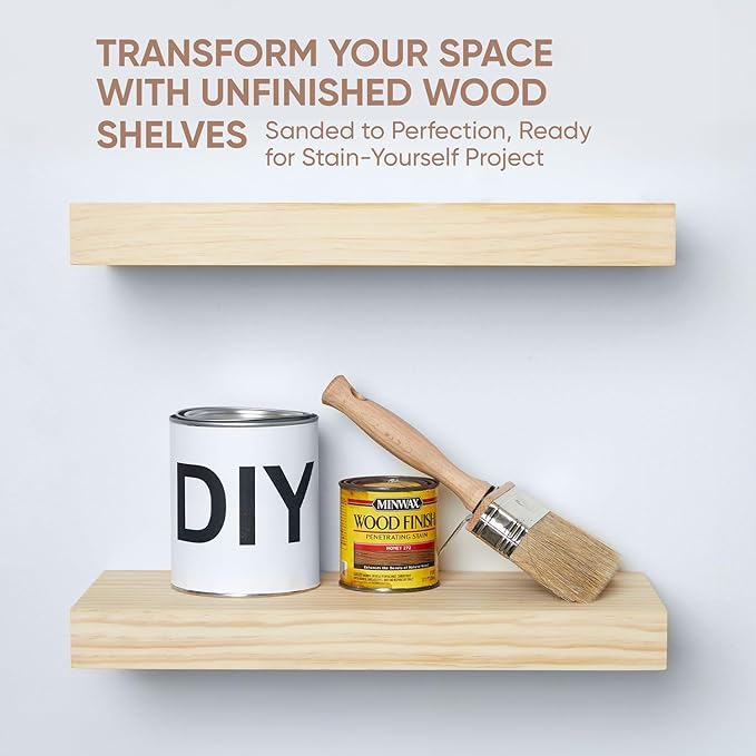 Homeforia 18 inch Wood Floating Shelves, High End Solid Natural Wood 18inch Floating Shelf for Wall Mounted, Unfinished Wooden 18in Floating Shelves, Heavy Duty Bracket, 18 X 6.5 X 1.75 inch, Set of 4