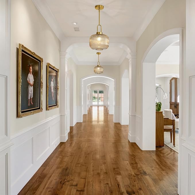 Modern Amber Glass Pendant Light Fixtures, Mid Century Pendant Lights for Kitchen Island, 9.8" Gold Adjustable Height Ceiling Hanging Light Fixtures for Dining Room Entryway Bedroom Foyer Hallway