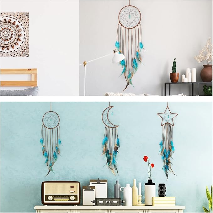 Jetec 3 Pcs Dream Catcher Moon Sun Star Design Handmade Traditional Craft Ornament Wall Hanging Home Decoration Bedroom Wedding Halloween Christmas Decorations(Dark Blue)