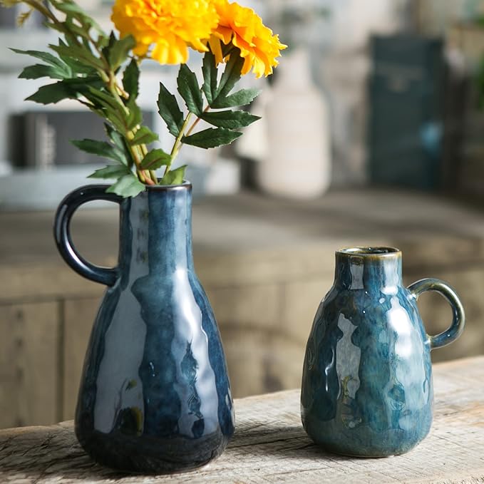 Ceramic Vase Set of 2, Blue Glazed Small Pottery Vases with Handles, Decorative Clay Vase Modern Farmhouse Decor, Centerpiece Dining Table Decorations Porcelain