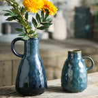 Ceramic Vase Set of 2, Blue Glazed Small Pottery Vases with Handles, Decorative Clay Vase Modern Farmhouse Decor, Centerpiece Dining Table Decorations Porcelain