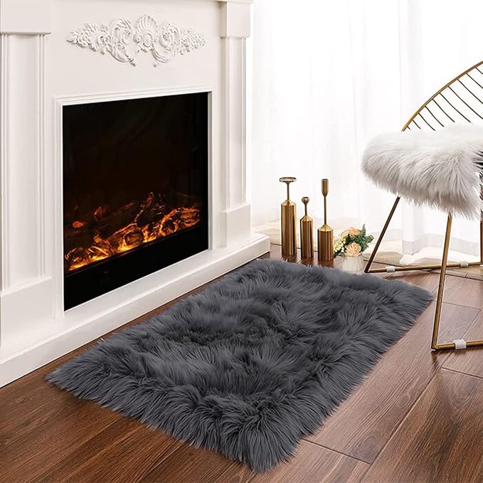 Latepis Dark Grey Small Bedroom Rugs 2x3 Washable Rugs Soft Shaggy Fuzzy Faux Sheepskin Fur Rug for Cushion Cat Mat Home Décor, Rectangle