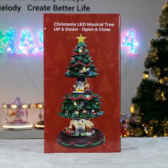 19" Christmas Tree Village House - Animated Tabletop Display with Moving Train, Up & Down Christmas Tree, LED Lights, and Holiday Music - Adapter Included Christmas Decor for Home Gift