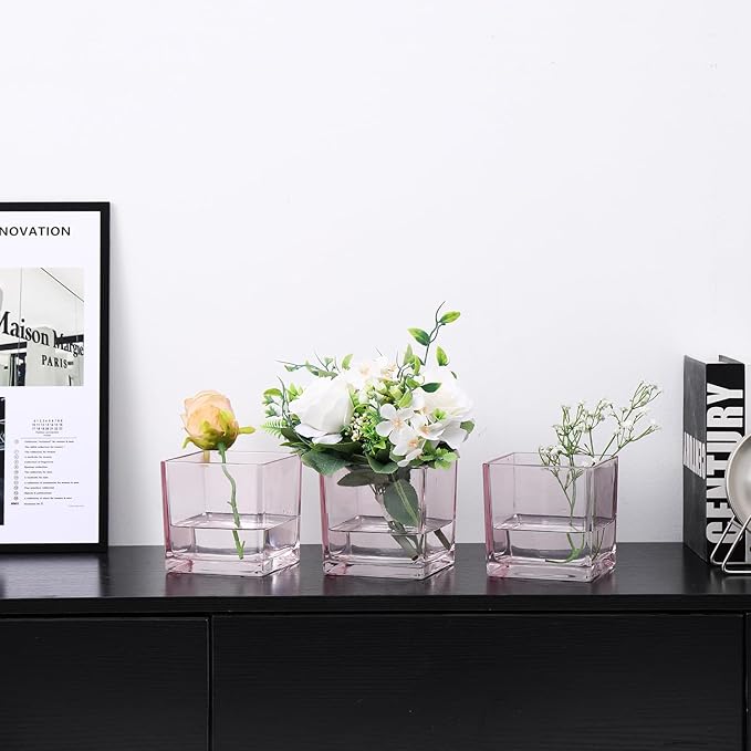 Square Glass Vases Set of 4, 5" x 5" x 5" Pink Flower Vases for Centerpieces, Square Vase for Flowers, Small Vase for Wedding, Party, Home Office Decoration