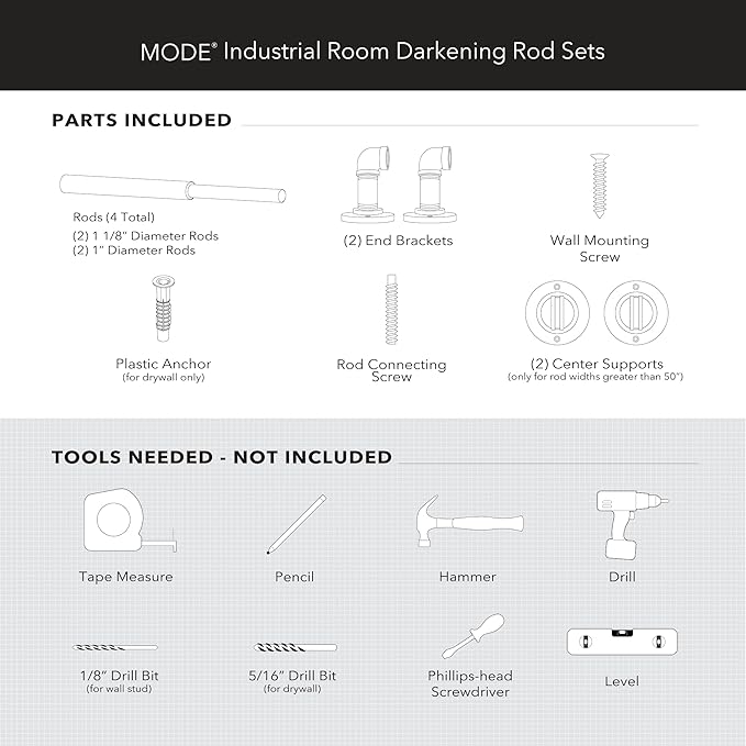 MODE Industrial Room Darkening Collection 1 1/8" Diameter Industrial Curtain Rod Set with Steel Wall Mounted Adjustable Curtain Rod, Blocks Light, Fits 72” to 144” Windows, Brushed Nickel