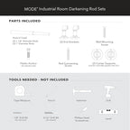 MODE Industrial Room Darkening Collection 1 1/8" Diameter Industrial Curtain Rod Set with Steel Wall Mounted Adjustable Curtain Rod, Blocks Light, Fits 72” to 144” Windows, Brushed Nickel