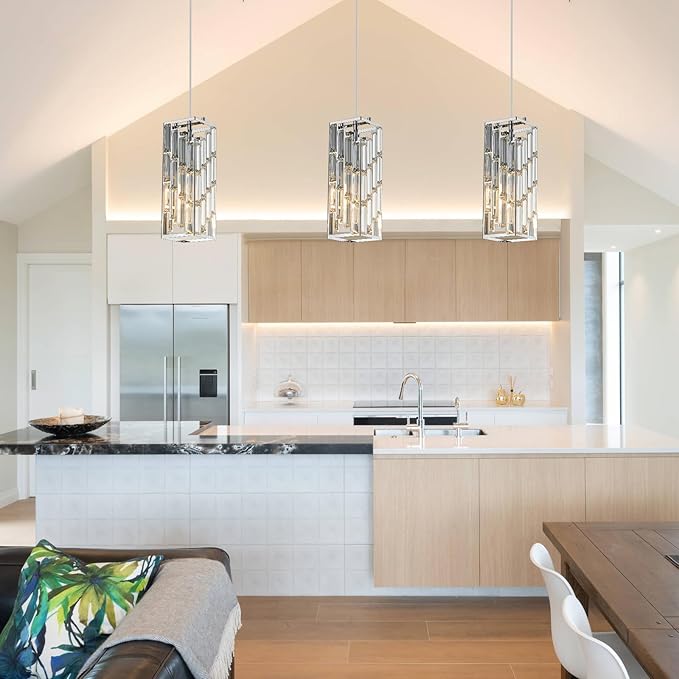 Chrome Pendant Lighting Modern Pendant Light, Mini Crystal Chandeliers,Adjustable Pendant Light Fixture for Kitchen Island Dinning Room Bedroom (3 Pack)