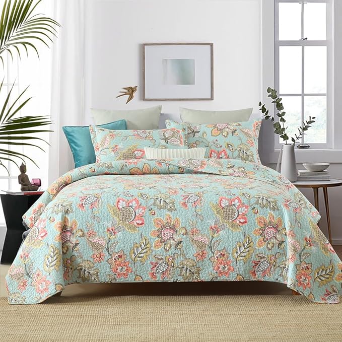 Cotton Bedspread Bedding Coverlet Quilt Sets, Reversible Vintage Branch Floral Bedspread comforters, (Vintage Floral Blue Pattern, King Size)