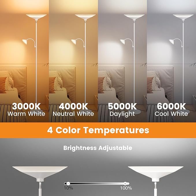 Upgraded 2-Light Torchiere Floor Lamp - 34W Color Changing Standing Lamp with Remote, Rotatable Floor Reading Light, Modern Standing Light with for Living Room Bedroom Office, White