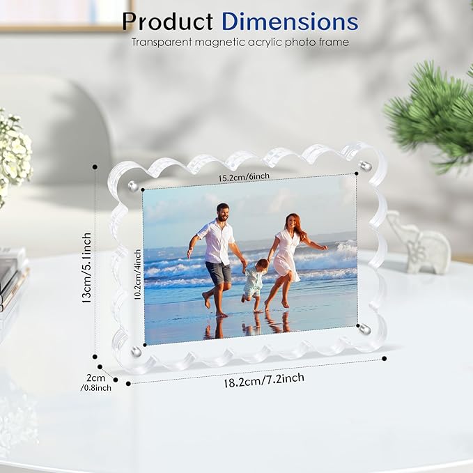 Scalloped Magnetic Picture Frame 4x6 Inch - 2Pack Clear Acrylic Photo Frame, 20mm Thick Double-Sided Magnet Design, Trendy Desktop Display for Home/Office Decor (2 Pack, 4X6)