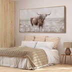 Farmhouse Highland Cow Wall Decor on Canvas with Framed Large Landscape Brown Artwork for Bedroom Living Room Office Decor 29x58 Inch